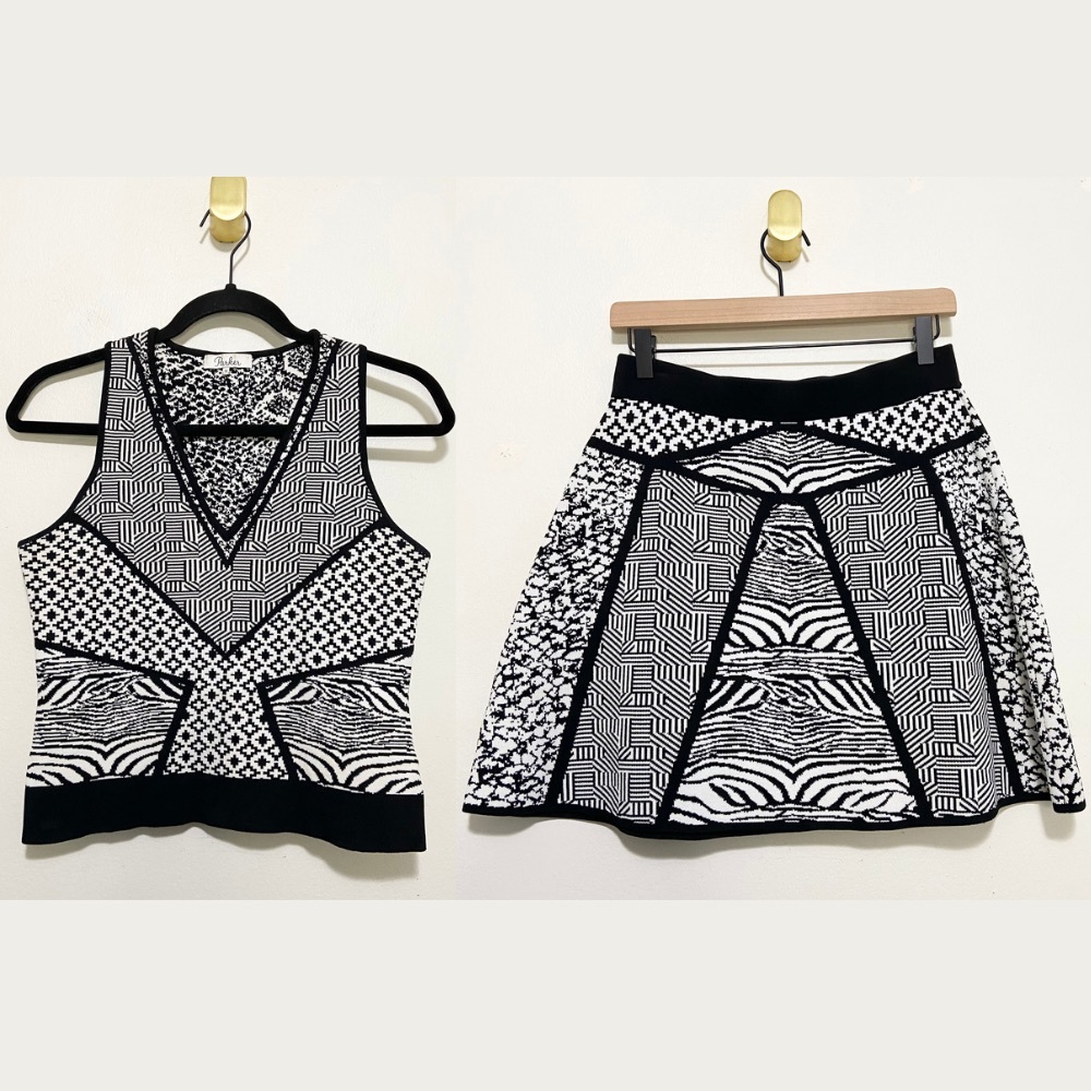 Parker Black White Mixed Print Sleeveless V-Neck Top Circle Skirt Twosie Set